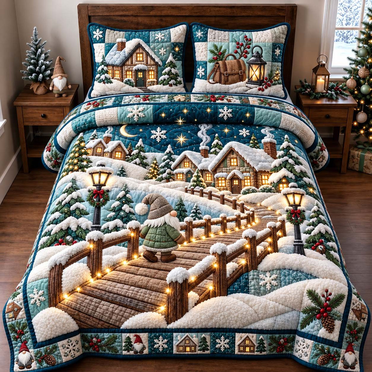 Gnome Winter Journey quilted 3-piece bedding set on a made bed in a winter-styled bedroom