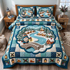 Gnome Winter Village quilted 3-piece bedding set on a made bed in a winter-styled bedroom