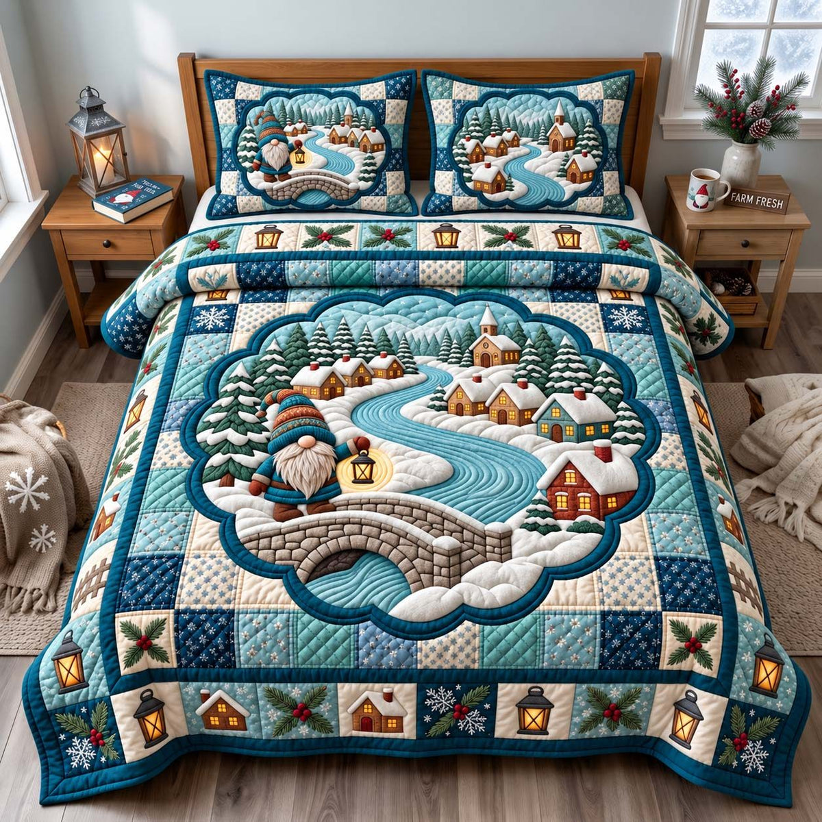 Gnome Winter Village quilted 3-piece bedding set on a made bed in a winter-styled bedroom