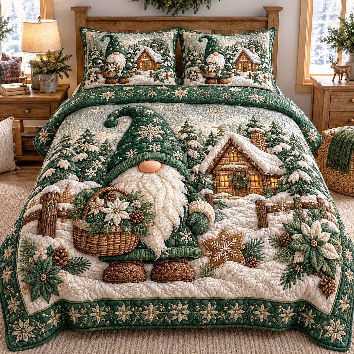 Gnome Wonderland quilted 3-piece bedding set on a made bed with two matching pillow shams