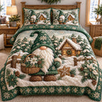 Gnome Wonderland quilted 3-piece bedding set on a made bed with two matching pillow shams