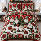 Gnomes Holiday quilted 3-piece bedding set on a made bed in a winter-styled bedroom