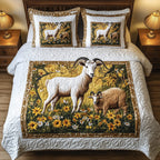 Goat Lover Pair Meadow quilted 3-piece bedding set on a made bed with two matching pillow shams