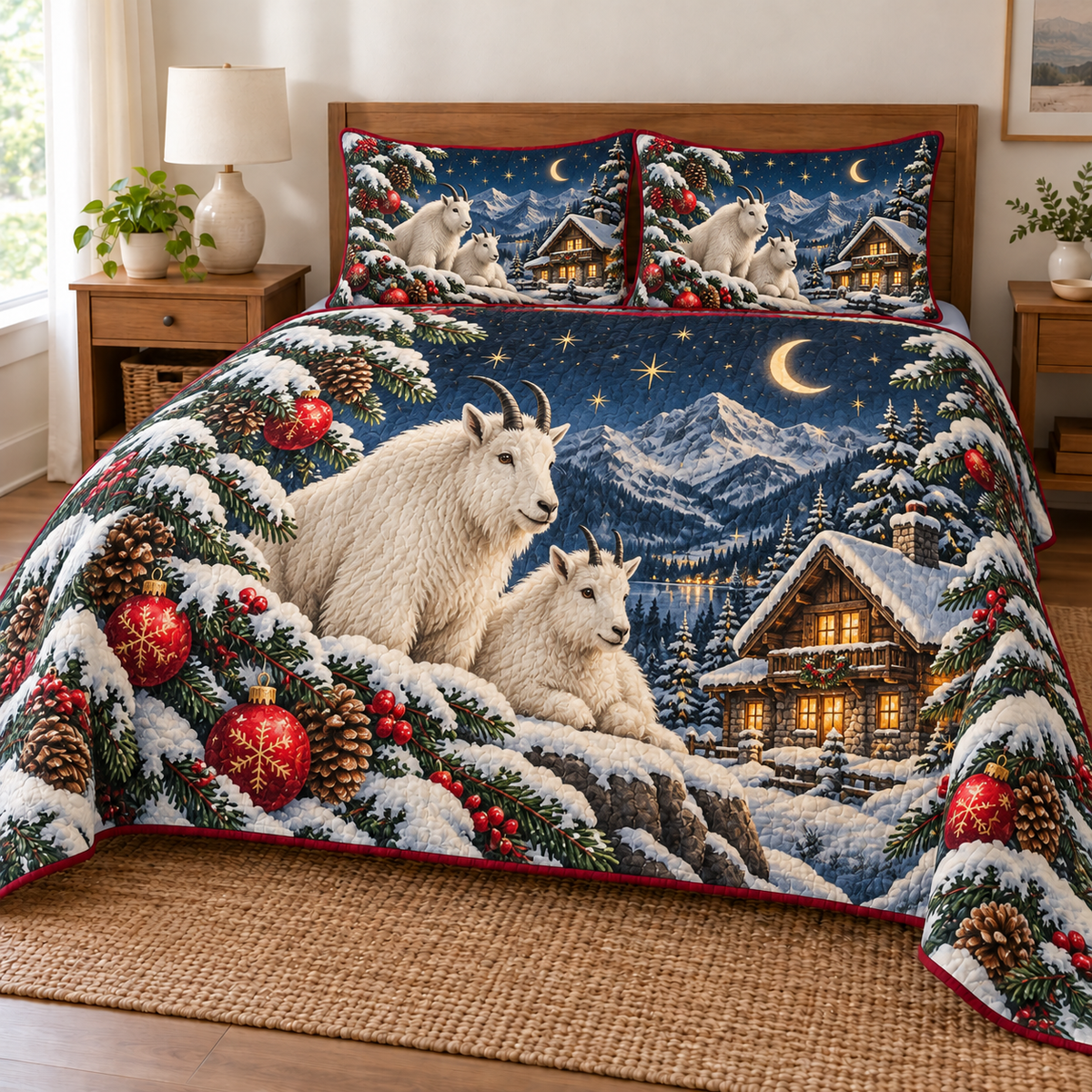 Goat Moon Chalet printed Christmas quilt and two matching pillow shams; design mockup showing a flat printed depth effect.