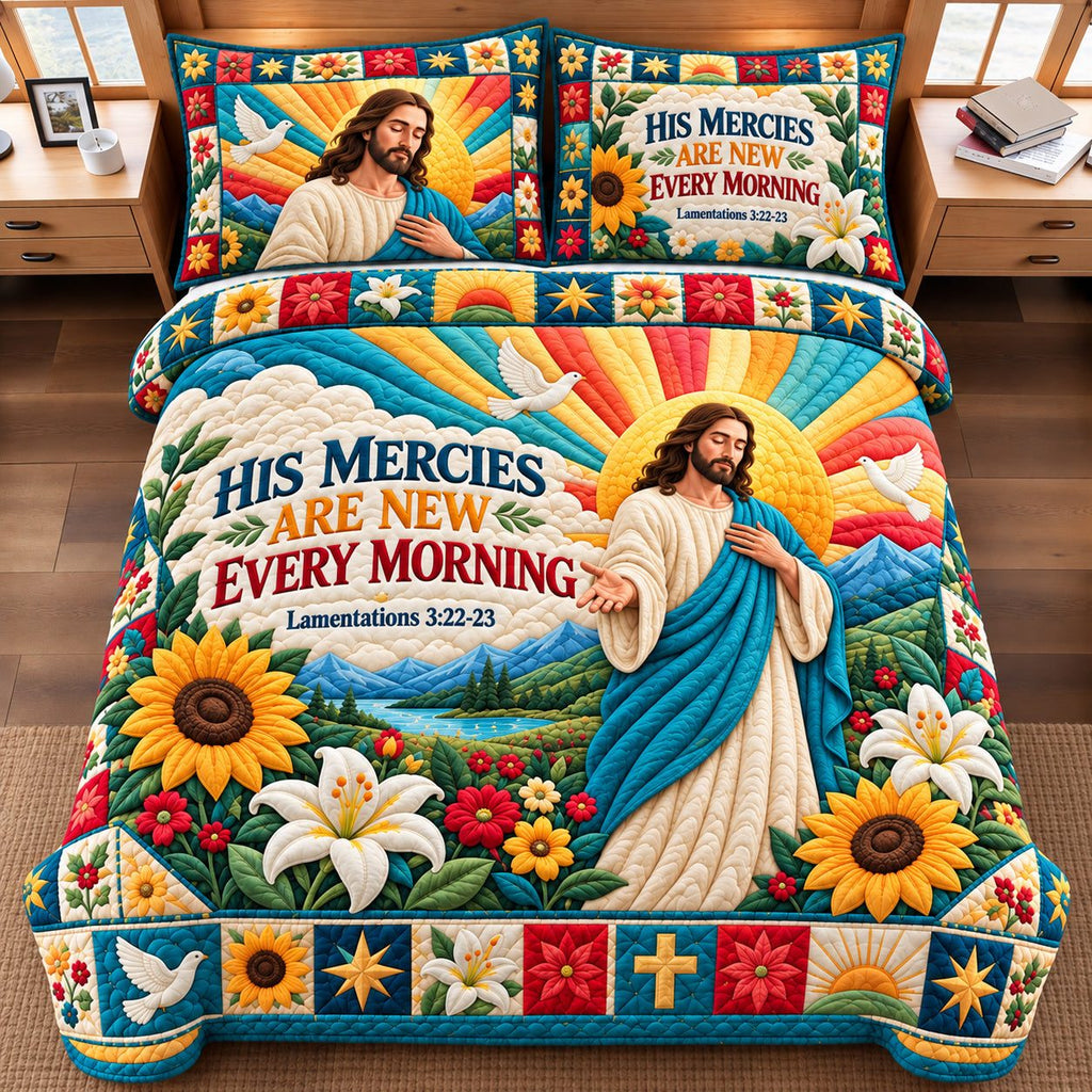 God Bible Blessing quilted 3-piece bedding set on a made bed in a softly lit bedroom