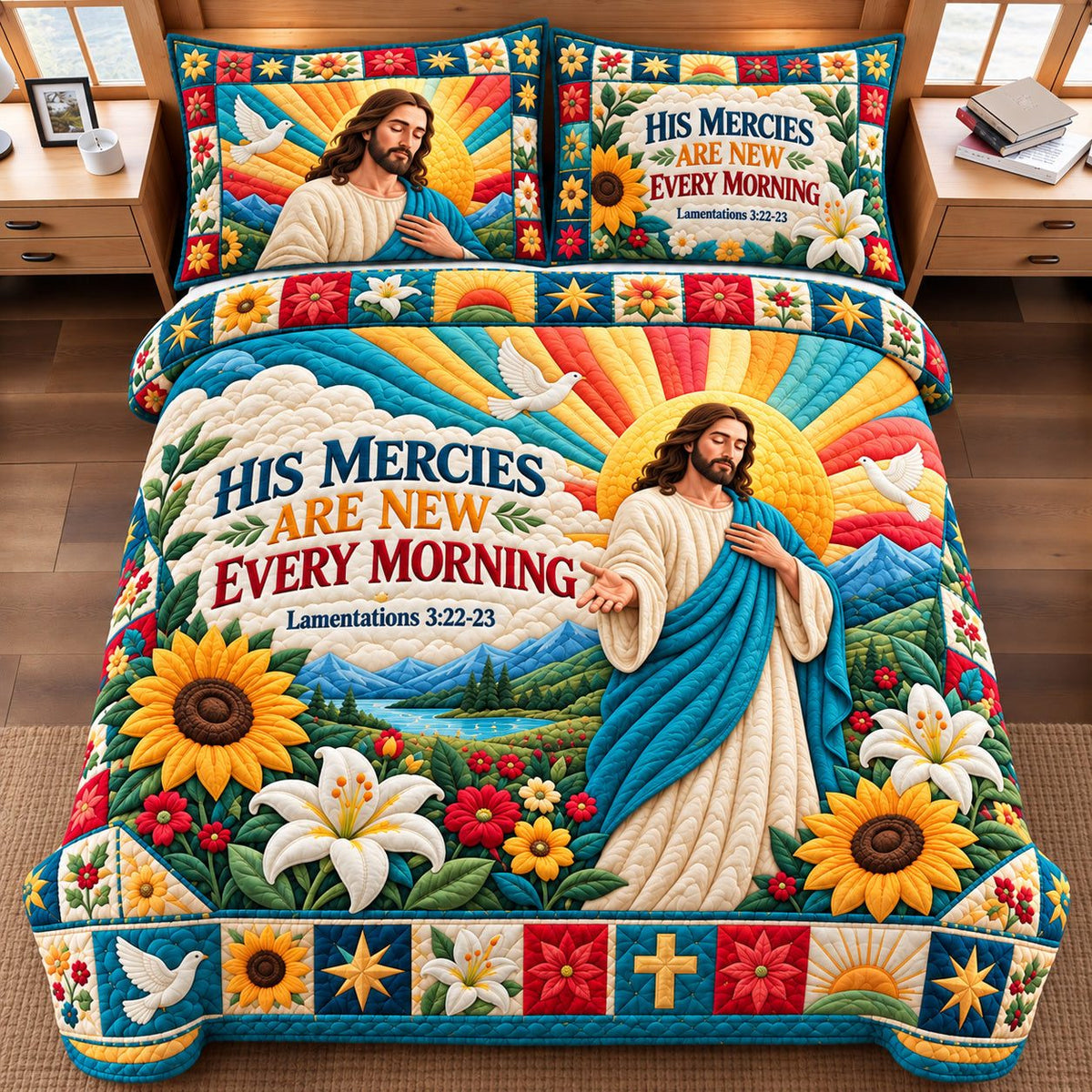 God Bible Blessing quilted 3-piece bedding set on a made bed in a softly lit bedroom