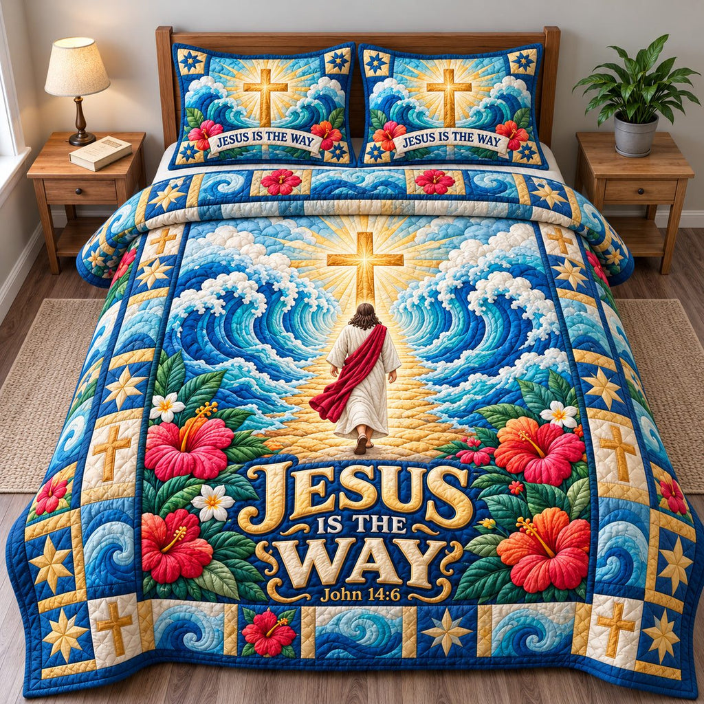 God Bible Grace quilted 3-piece bedding set on a made bed in a softly lit bedroom
