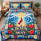 God Bible Grace quilted 3-piece bedding set on a made bed in a softly lit bedroom