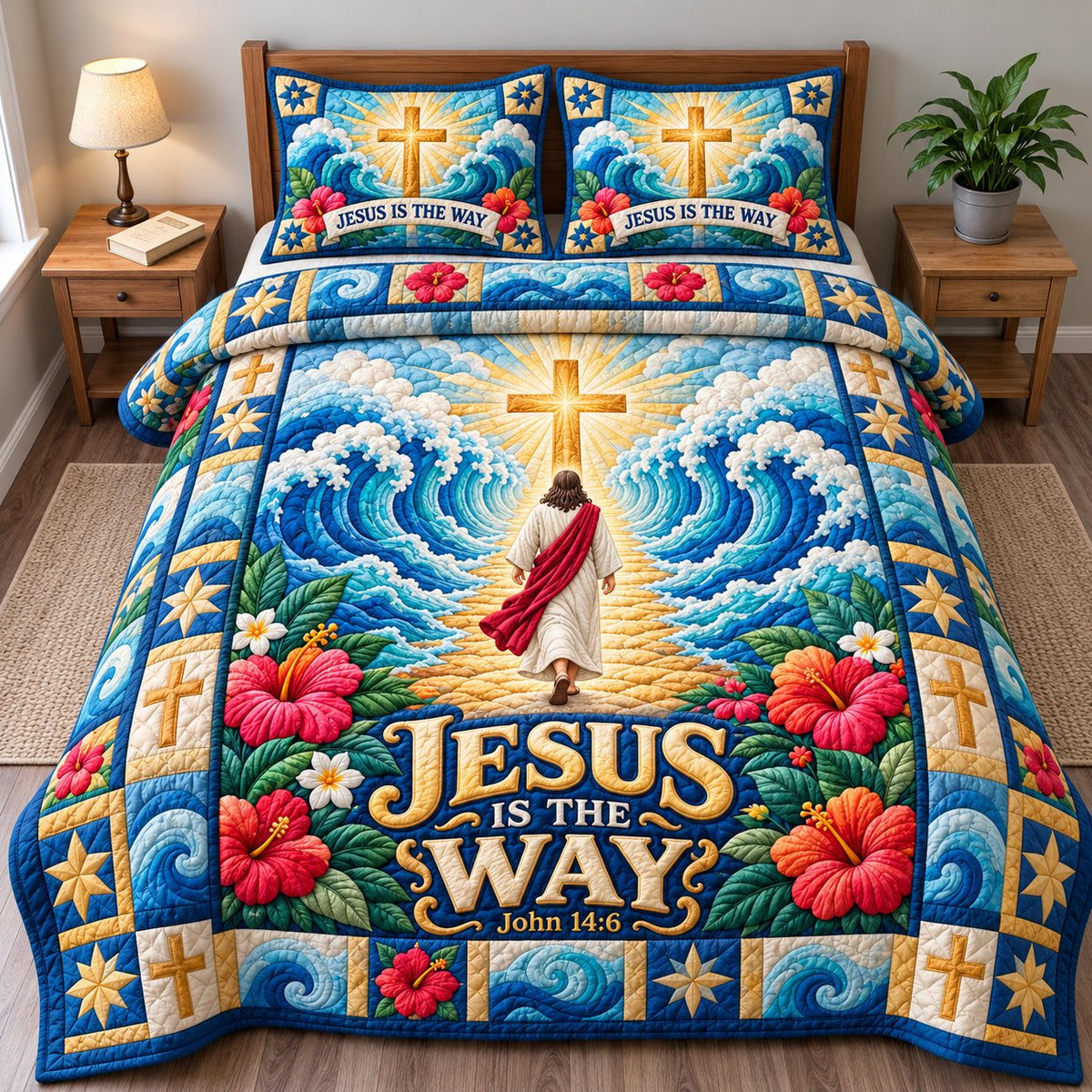 God Bible Grace quilted 3-piece bedding set on a made bed in a softly lit bedroom