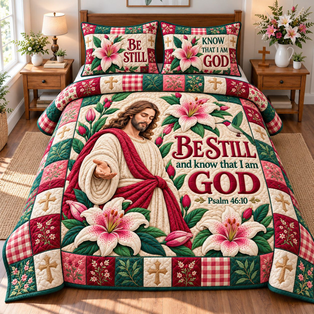 God Bible Truth quilted 3-piece bedding set on a made bed in a softly lit bedroom