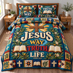 God Bible Verse quilted 3-piece bedding set on a made bed in a softly lit bedroom