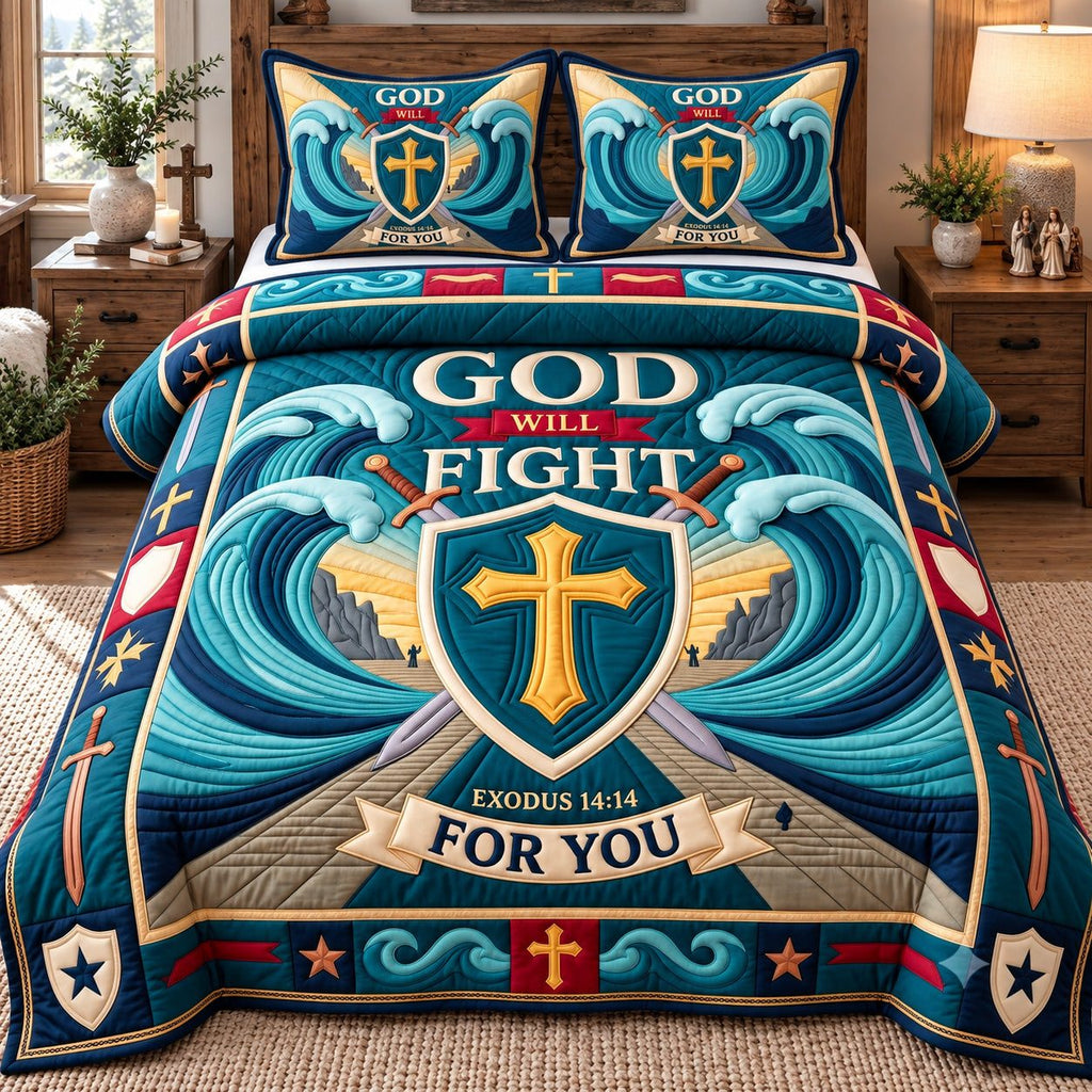 God Fight For You quilted 3-piece bedding set on a made bed in a softly lit bedroom