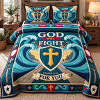 God Fight For You quilted 3-piece bedding set on a made bed in a softly lit bedroom