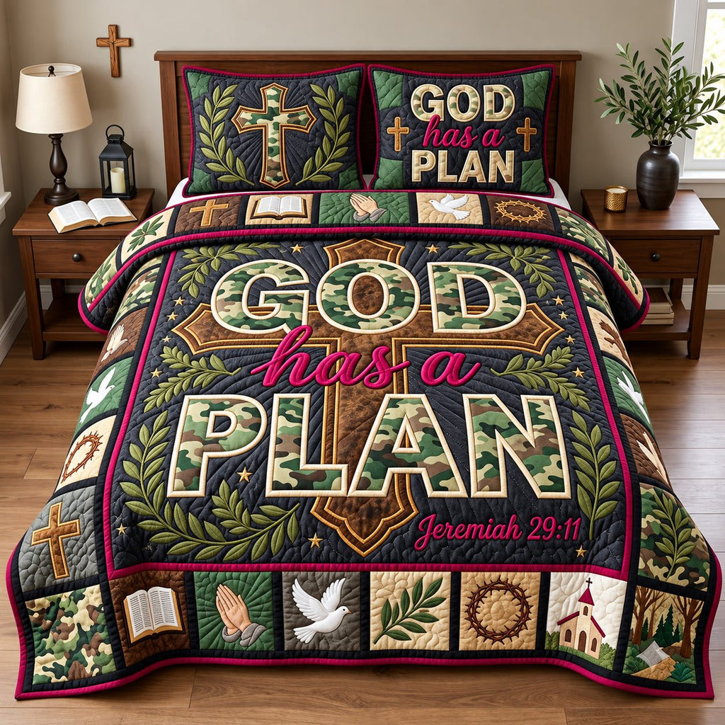 God Has A Plan quilted 3-piece bedding set on a made bed in a softly lit bedroom