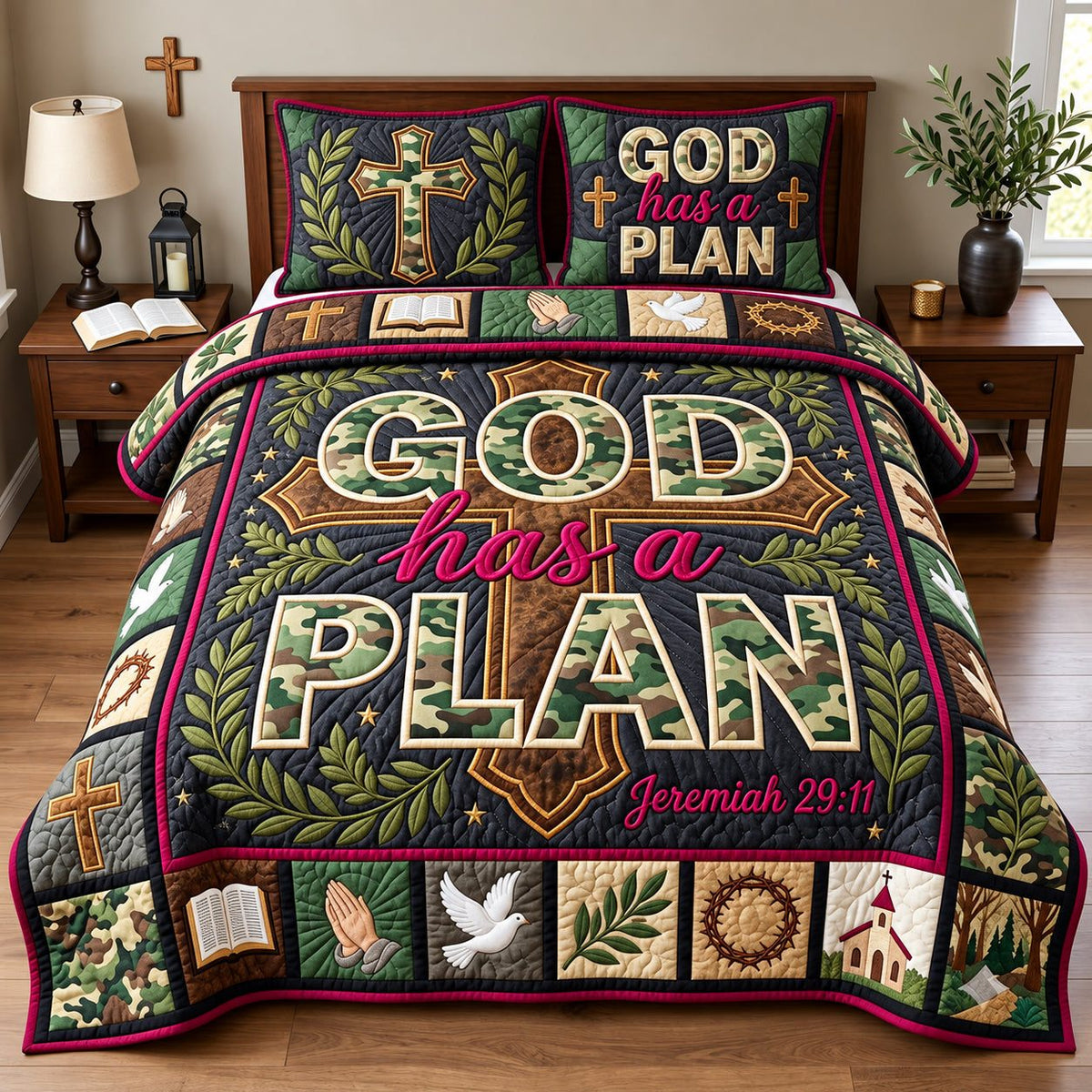 God Has A Plan quilted 3-piece bedding set on a made bed in a softly lit bedroom