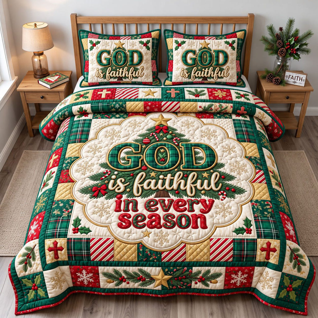 God Is Faithful Every Season Christmas quilted 3-piece bedding set on a made bed in a winter-styled bedroom