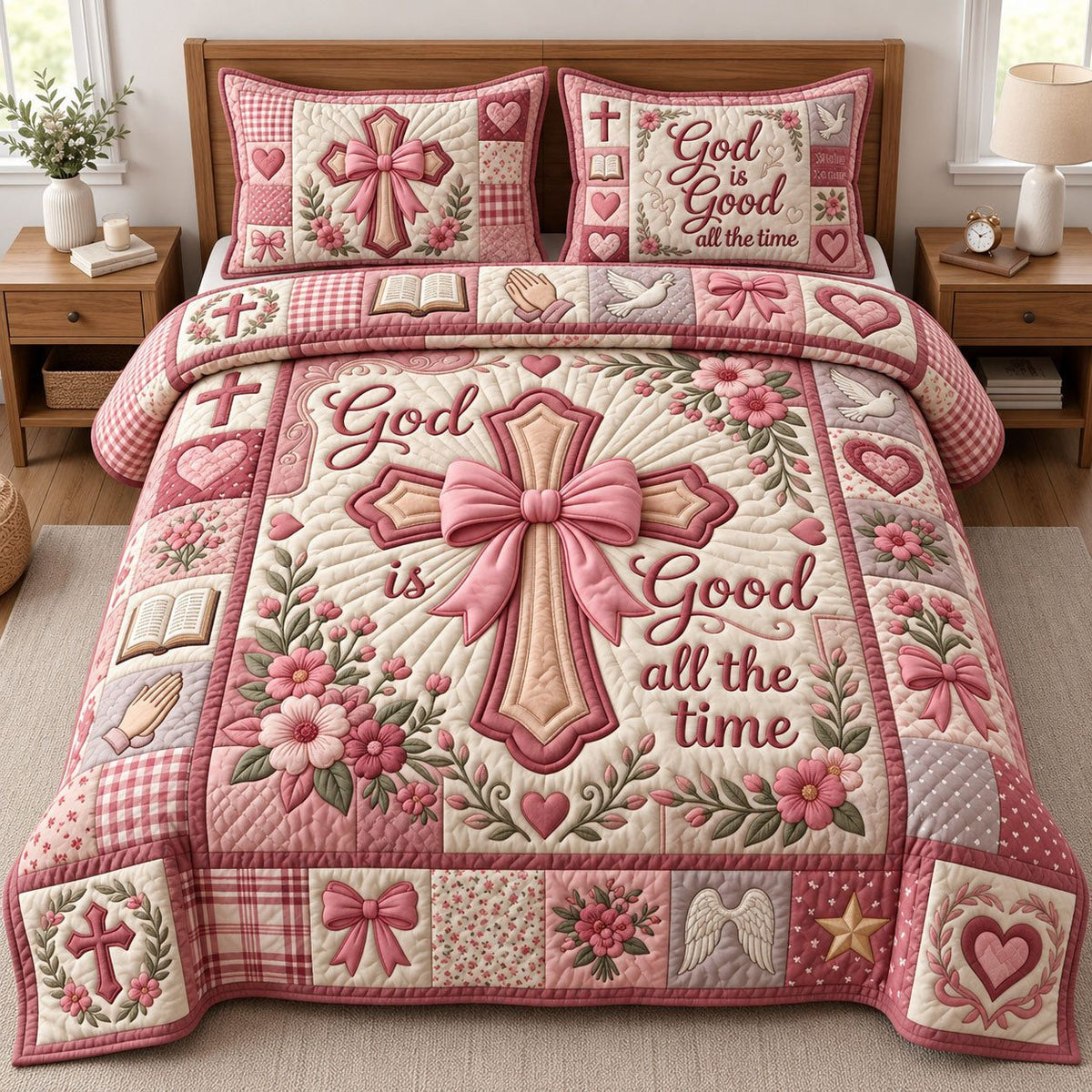 God Is Good quilted 3-piece bedding set on a made bed in a softly lit bedroom