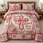 God Is Good quilted 3-piece bedding set on a made bed in a softly lit bedroom