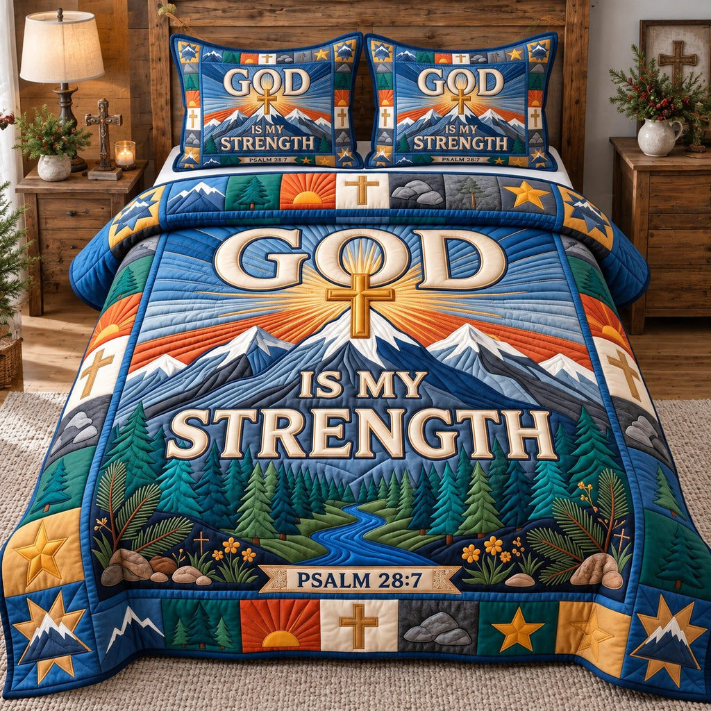 God Is My Strength quilted 3-piece bedding set on a made bed in a softly lit bedroom