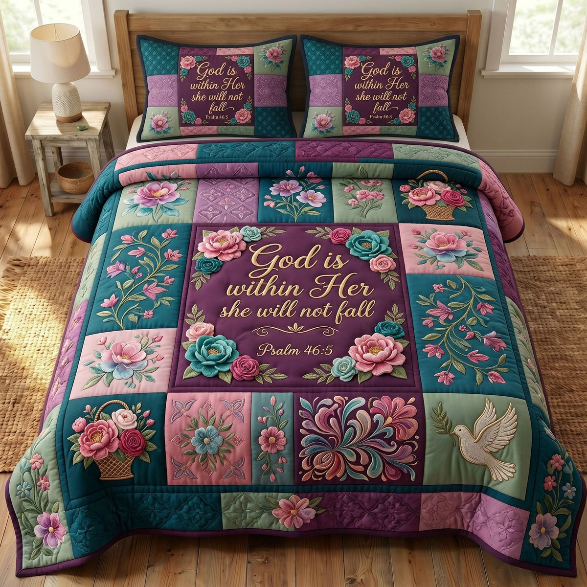 God Is Within Her Patch quilted 3-piece bedding set on a made bed in a softly lit bedroom