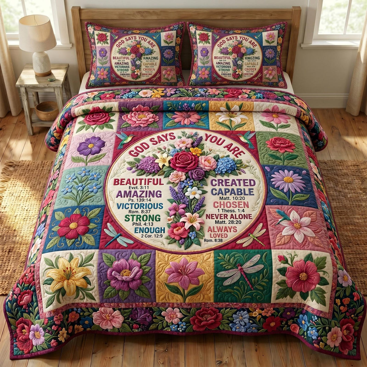 God Says Cross Ring Pink quilted 3-piece bedding set on a made bed in a softly lit bedroom