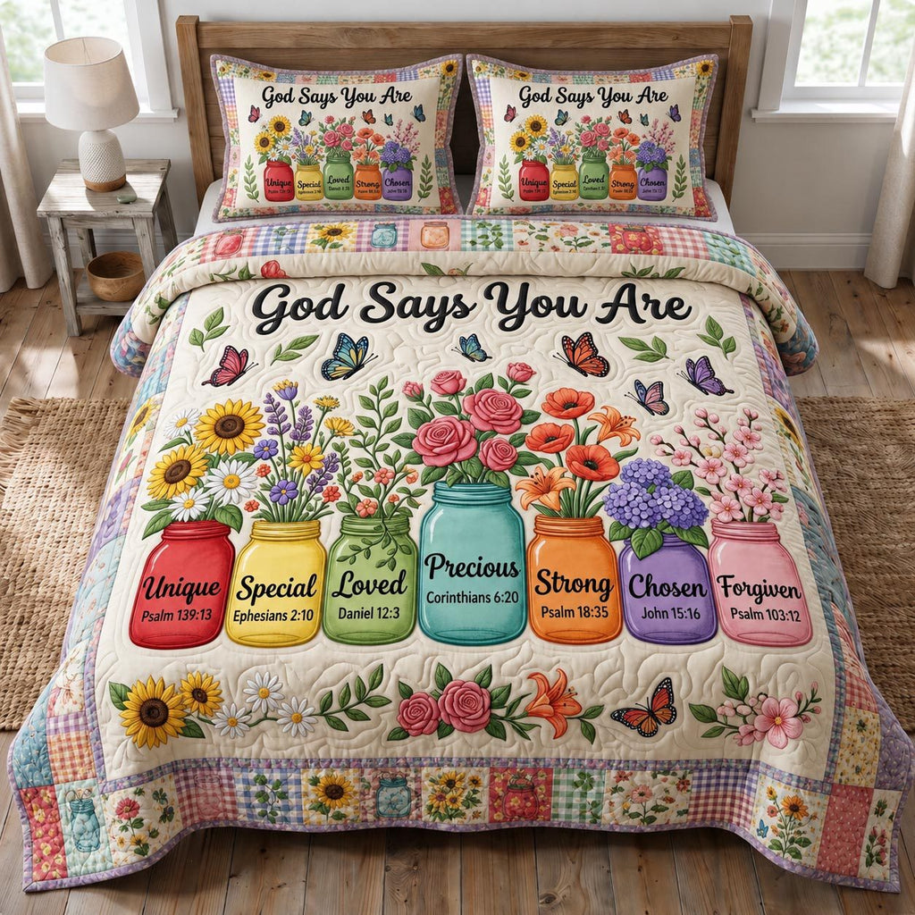 God Says Flower Jars quilted 3-piece bedding set on a made bed in a softly lit bedroom