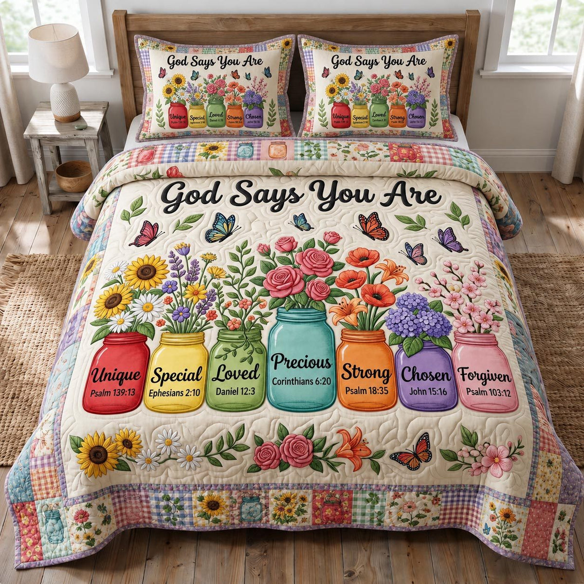 God Says Flower Jars quilted 3-piece bedding set on a made bed in a softly lit bedroom