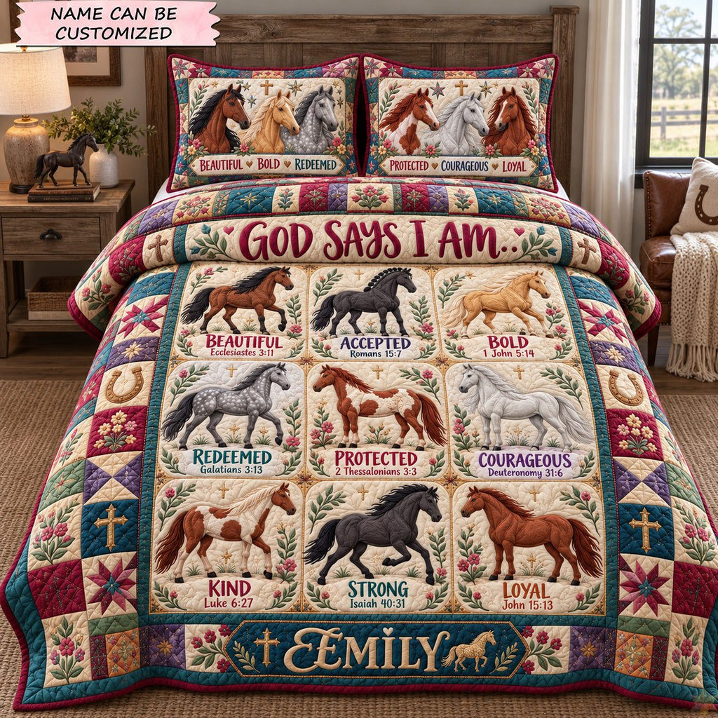 God Says I Am Strong And Beautiful 3-Piece Quilted Bedding Set QTCUZ quilted 3-piece bedding set on a made bed in a softly lit bedroom