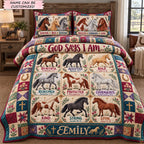 God Says I Am Strong And Beautiful 3-Piece Quilted Bedding Set QTCUZ quilted 3-piece bedding set on a made bed in a softly lit bedroom