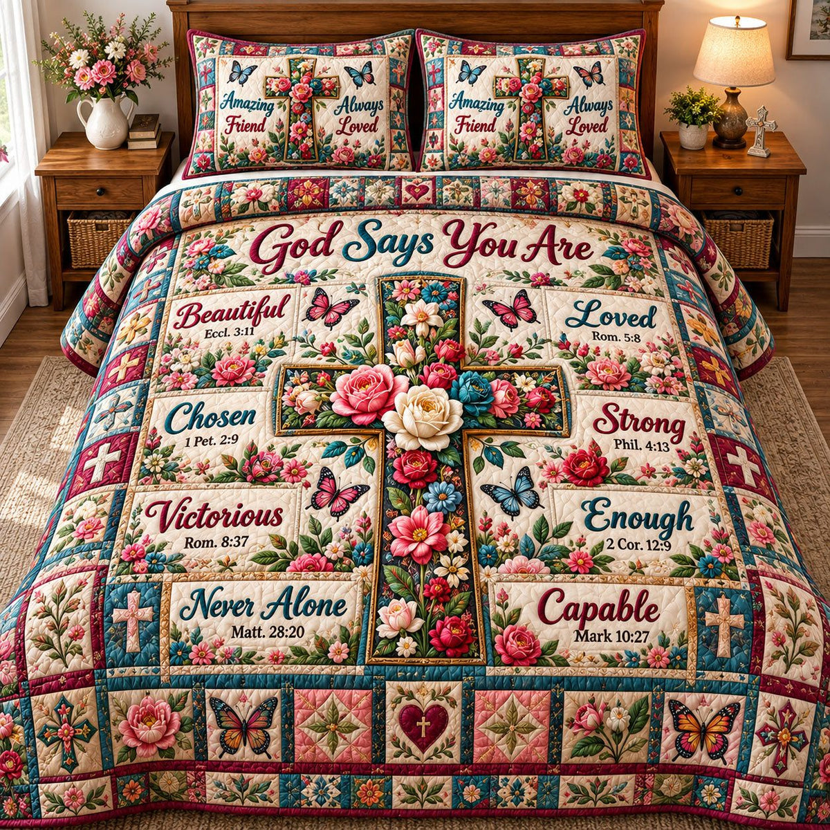 God Says You Are Floral Cross quilted 3-piece bedding set on a made bed in a softly lit bedroom