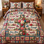 God Says You Are Floral Cross quilted 3-piece bedding set on a made bed in a softly lit bedroom