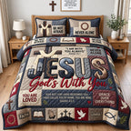 God With You quilted 3-piece bedding set on a made bed in a softly lit bedroom
