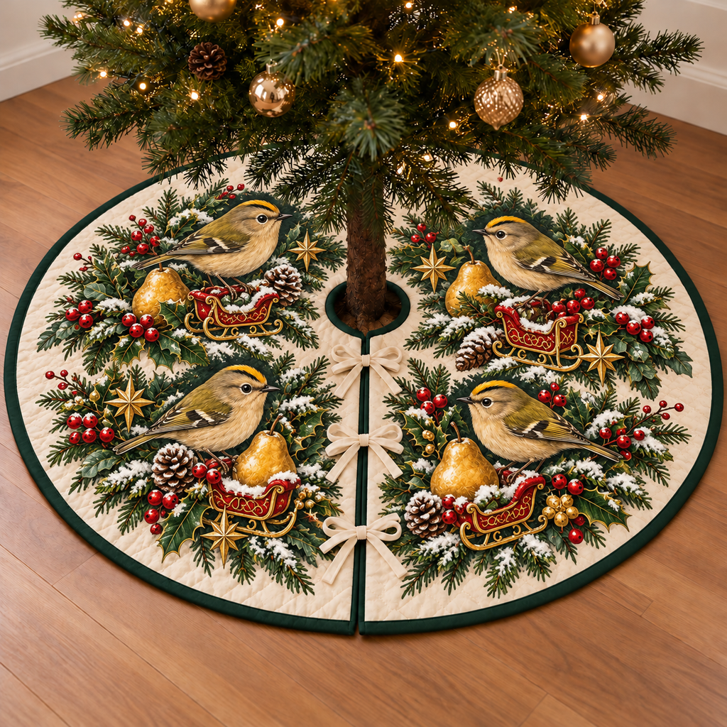 Goldcrest Pear Toy Sleigh printed Christmas circular tree skirt; design mockup showing a flat printed depth effect.
