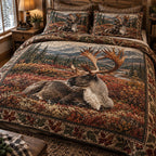 Golden Antler Wilderness quilted 3-piece bedding set on a made bed with two matching pillow shams