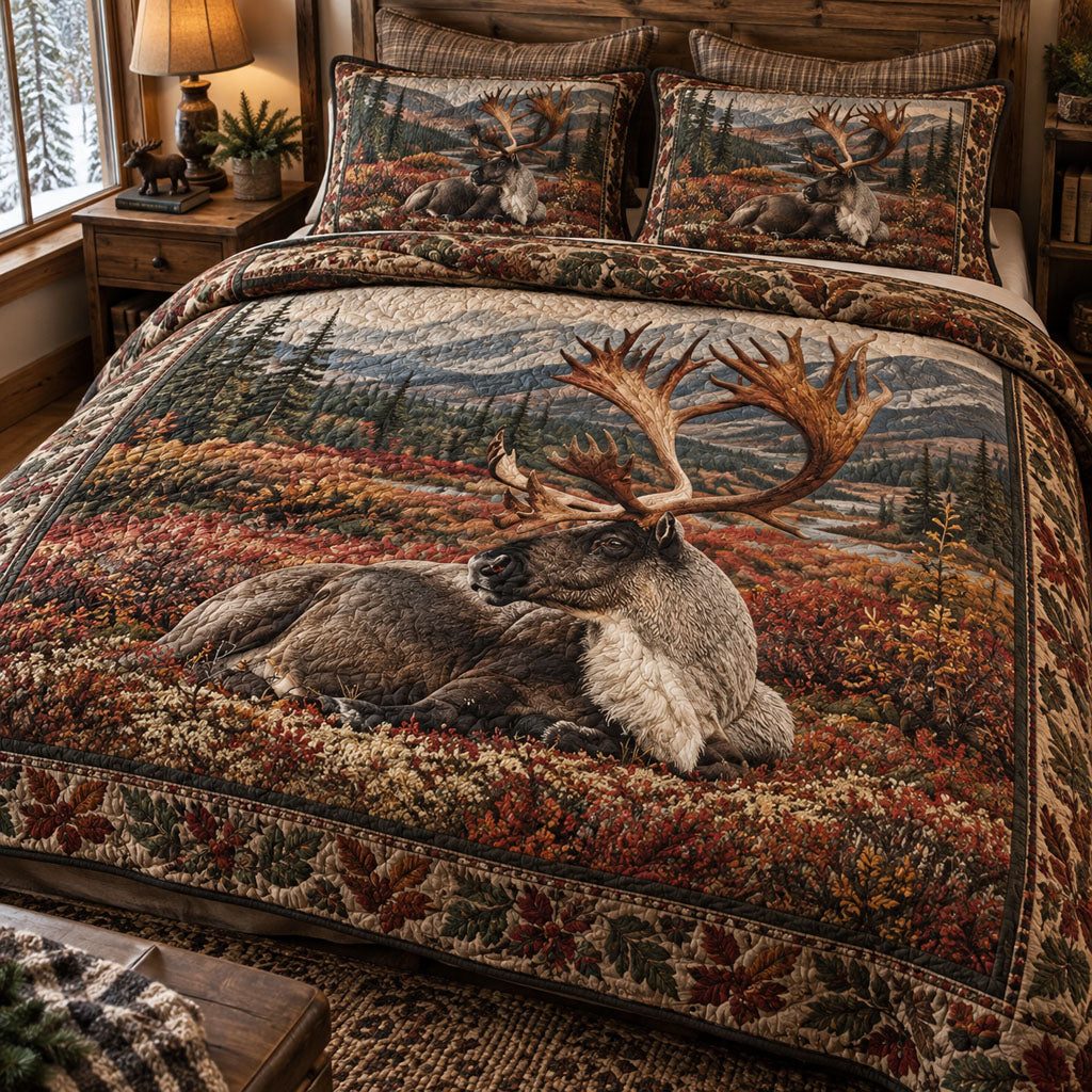Golden Antler Wilderness quilted 3-piece bedding set on a made bed with two matching pillow shams