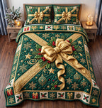 Golden Bow Green Gift quilted 3-piece bedding set on a made bed with two matching pillow shams