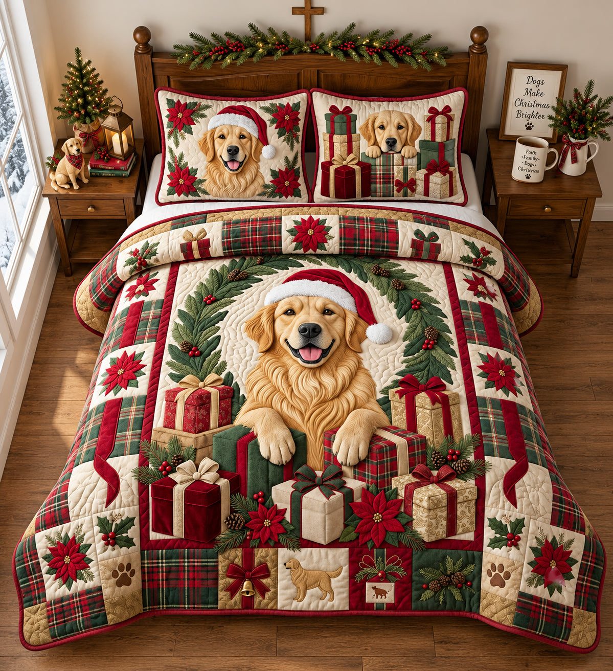 Golden Christmas Presents quilted 3-piece bedding set on a made bed in a winter-styled bedroom
