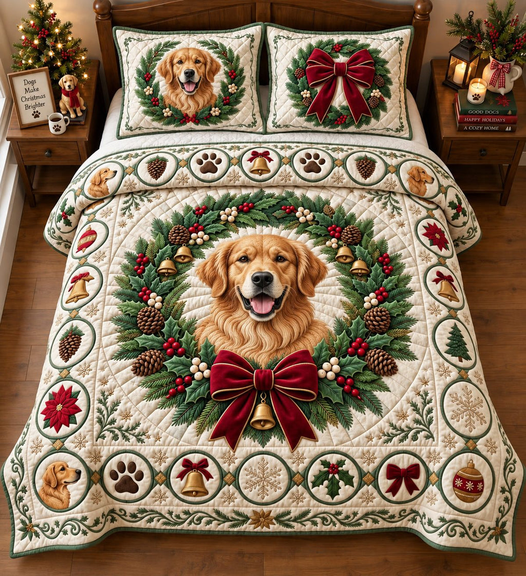 Golden Christmas Wreath quilted 3-piece bedding set on a made bed in a winter-styled bedroom