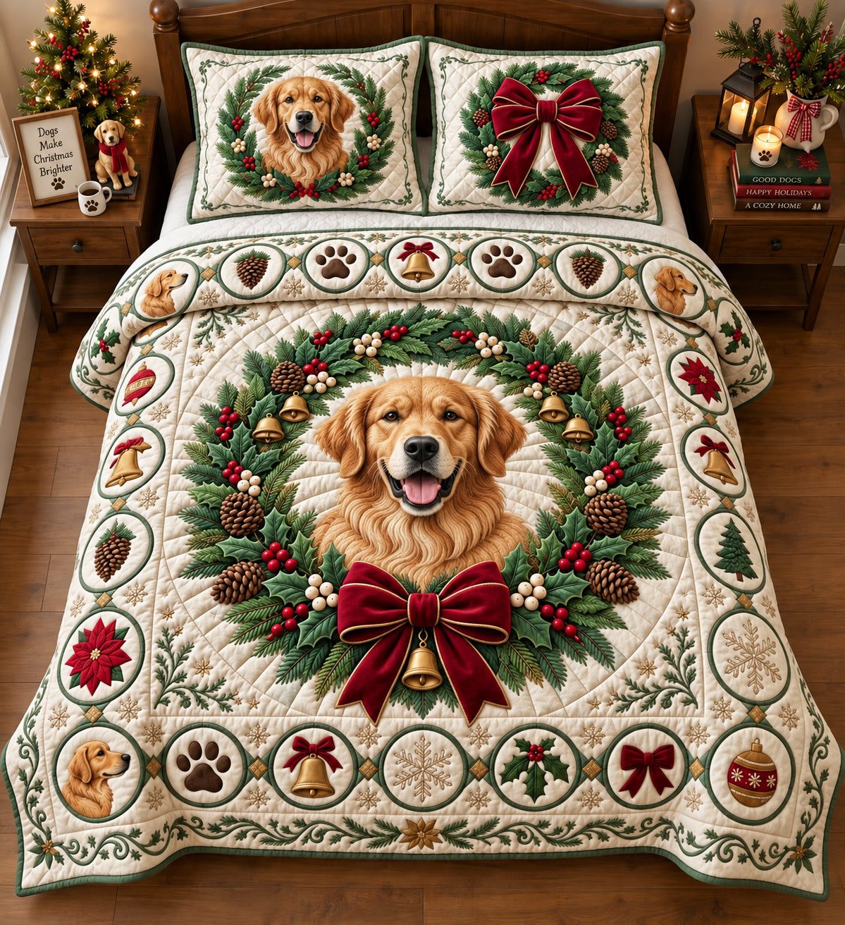 Golden Christmas Wreath quilted 3-piece bedding set on a made bed in a winter-styled bedroom
