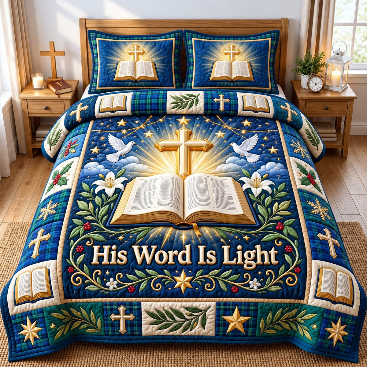 Golden Cross His Word Is Light quilted 3-piece bedding set on a made bed in a softly lit bedroom