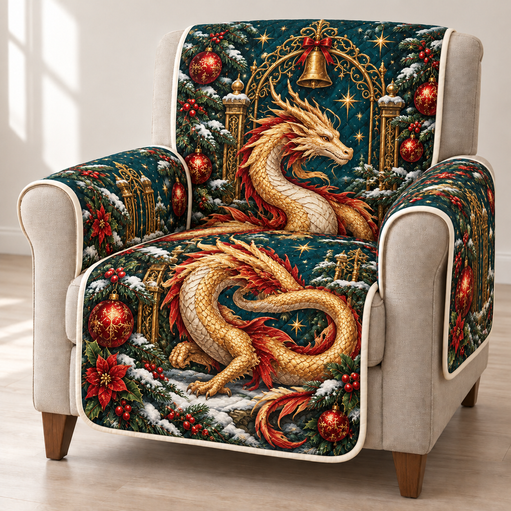 Golden Dragon Winter Bell Gate printed Christmas quilted sofa cover; design mockup showing a flat printed depth effect.