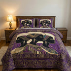 Golden Essence Purple Kente quilted 3-piece bedding set on a made bed with two matching pillow shams