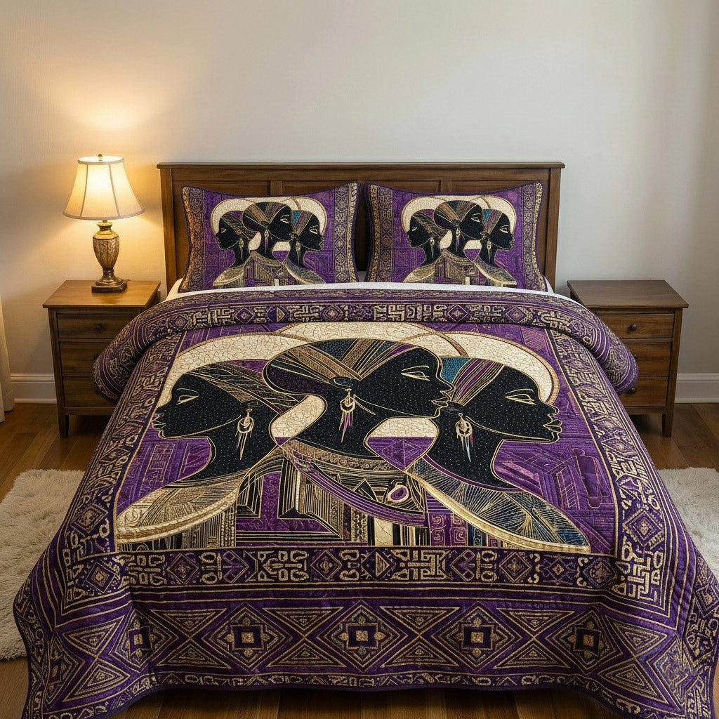 Golden Essence Purple Kente quilted 3-piece bedding set on a made bed with two matching pillow shams