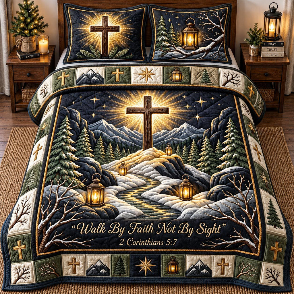 Golden Faith Cross quilted 3-piece bedding set on a made bed in a softly lit bedroom