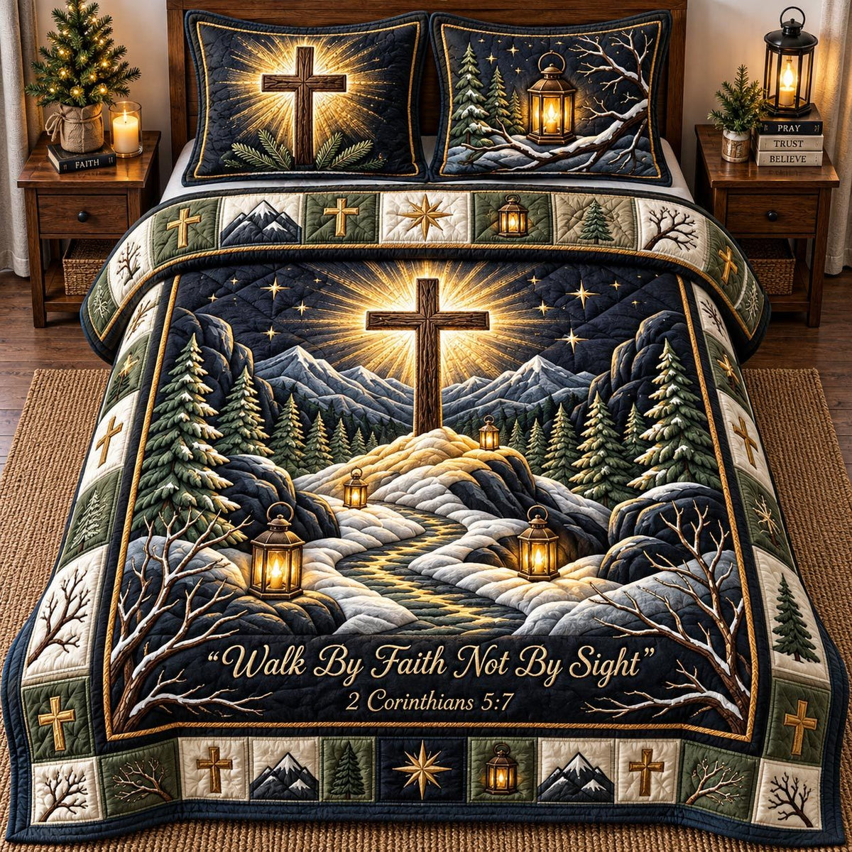 Golden Faith Cross quilted 3-piece bedding set on a made bed in a softly lit bedroom