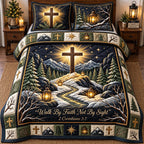 Golden Faith Cross quilted 3-piece bedding set on a made bed in a softly lit bedroom