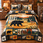 Golden Forest Patchwork quilted 3-piece bedding set on a made bed in a farmhouse bedroom