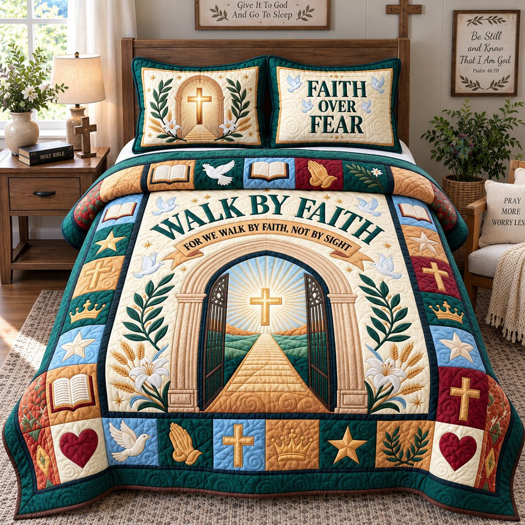 Golden Gate Walk By Faith quilted 3-piece bedding set on a made bed in a softly lit bedroom