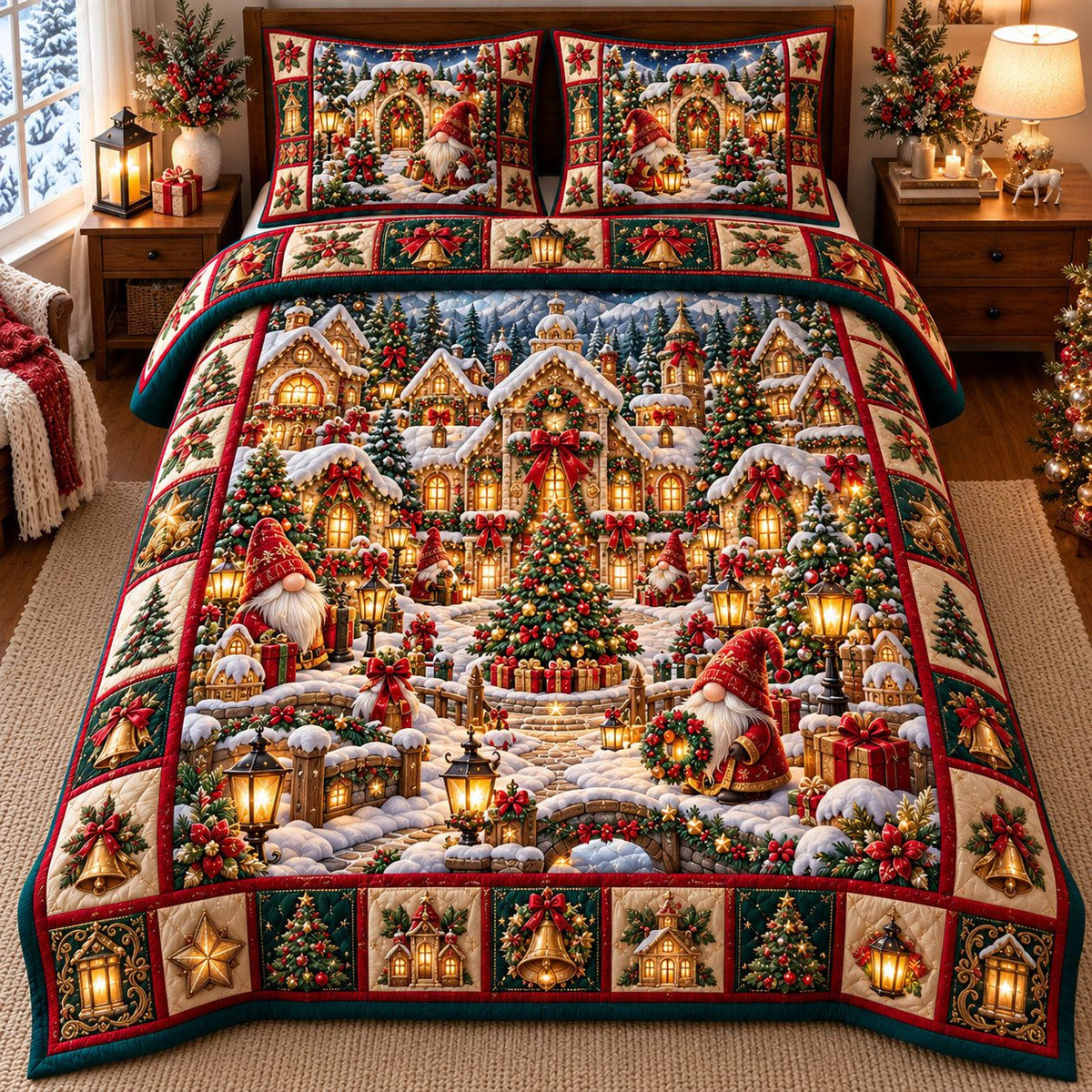 Golden Glow Gnome Village quilted 3-piece bedding set on a made bed with two matching pillow shams