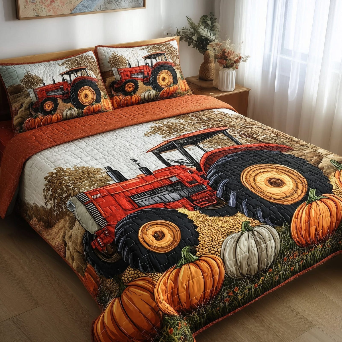 Golden Harvest Tractor Pumpkins quilted 3-piece bedding set on a made bed against a dark styled interior